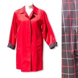Burberry 1980s Womens Oversized Trench Coat Red UK 10 Blue Plaid Lining